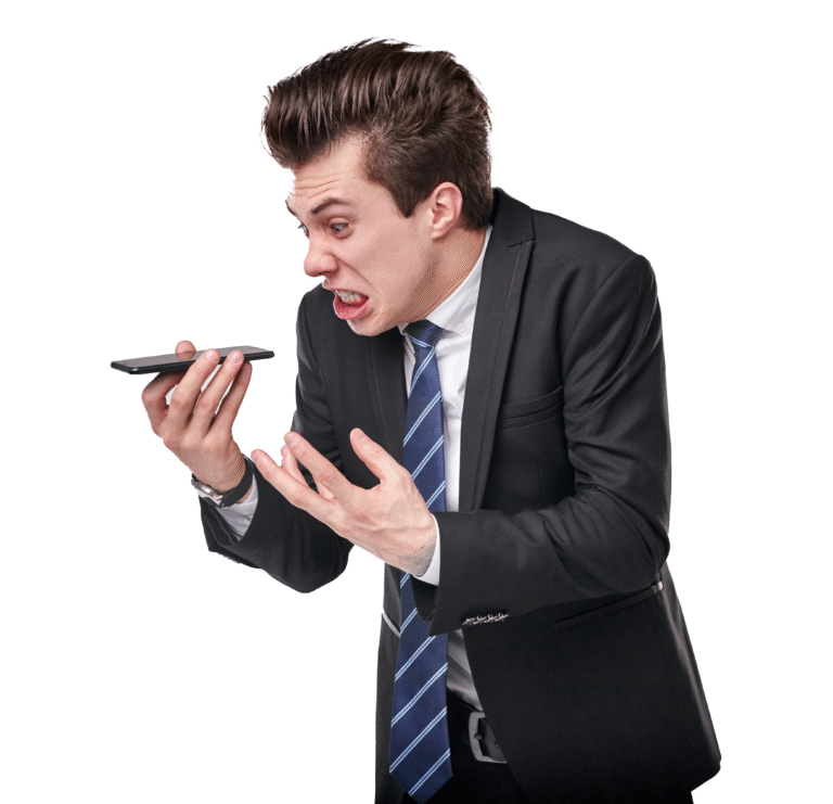 Frustrated professional holding a phone